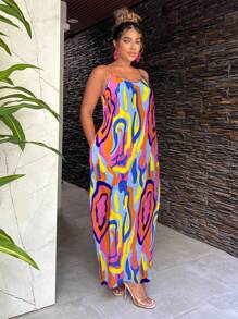 SHEIN SXY 大码女式夏季全印花休闲口袋吊带背心连衣裙 - 粉色 - 查看 4