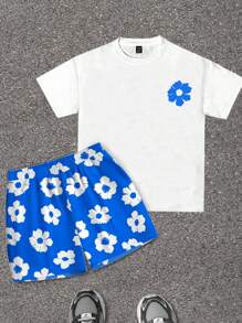 SHEIN Ensemble haut à manches courtes et short imprimé floral bleu et blanc pour adolescents garçons, style décontracté de vacances, confortable et polyvalent, convient pour l'école, les voyages, les sports, la plage