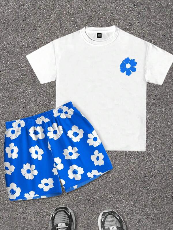 SHEIN Teen Boys' Blue & White Floral Print Short Sleeve Top And Shorts Set, Casual Vacation Style, Comfortable, Versatile, Suitable For School, Travel, Sports, Beach