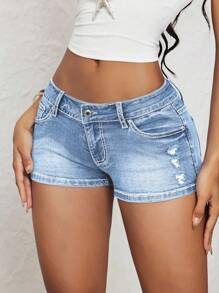 Jeanoix Casual Washed Low Waist Ripped Skinny Denim Shorts Y2k - Light Wash - View 3