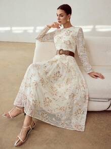 MOTF PREMIUM CONTRAST SEQUIN EMBROIDERY FLORAL PATTERN FLARE HEM LONG DRESS WITHOUT BELT - Apricot - View 4