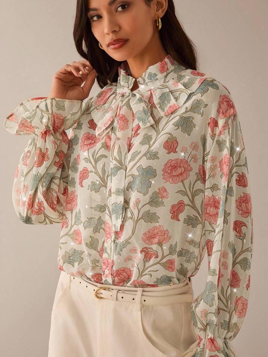 Lilora 优雅花卉印花透明雪纺荷叶边领结宽松袖女式衬衫,春夏花卉衬衫花衬衫女式衬衫女式花卉衬衫 - 米色 - 查看 1
