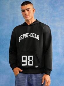PEPSI X SHEIN 男式字母图案休闲长袖套头连帽衫 - 黑色 - 查看 5