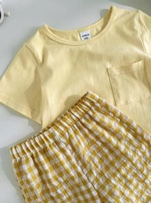 SHEIN 2件組男嬰可愛休閒短袖上衣與格紋長褲套裝，適合夏季、旅行 - 黃色 - 查看 7