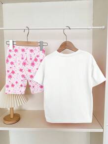 SHEIN 2 件套青少年女孩休闲贝壳、蝴蝶结、花卉印花短袖 T 恤和短裤套装，适合夏季度假氛围 - 彩色 - 查看 4