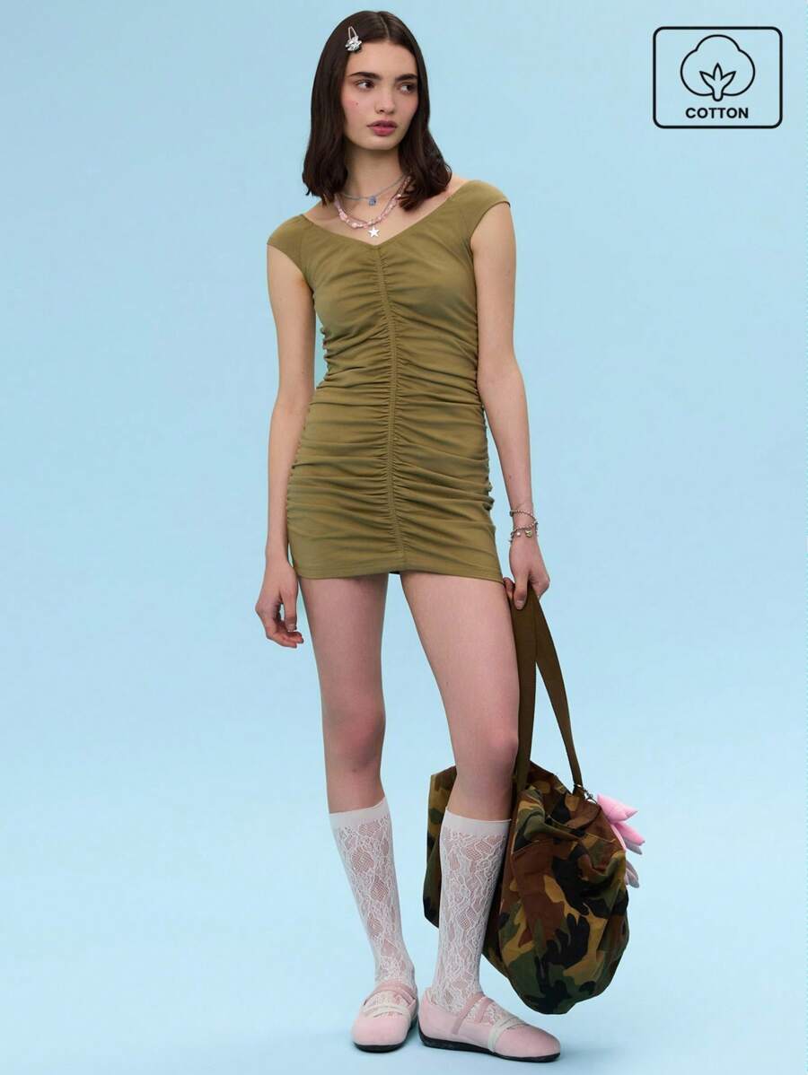 COUREZ Robe mini froncée aux épaules dénudées Tenues d'été pour femmes / Robes d'été Tenues de sortie casual / Coton Vintage Y2K