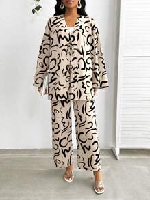 SHEIN Lady Beige,Autumn,Chic,Vacation Women's Two-Piece Set Elegant Printed Tie Front Long Cardigan Jacket&Wide Leg Pants Suit Old Money Style Business Casual - Apricot - View 5