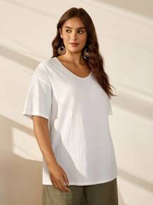 EMERY ROSE 大码女式纯色V领落肩短袖休闲棉质衬衫 - 白色 - 查看 3