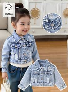 Elladie kids Baby Girls' Casual Distressed Denim Long Sleeve Jacket, Soft And Comfortable Daily Wear, Fashionable Style, Spring/Autumn Fall Winter - Light Wash - View 1