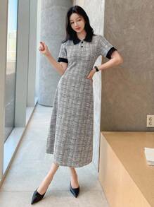 DAZY Vestido de manga abullonada de longitud media con bloques de color a cuadros para mujer - Gris - Ver 6