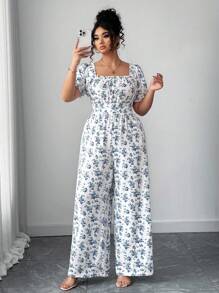 Elenzga 女式方领碎花前系带灯笼袖后开襟连体裤 - 白色 - 查看 5