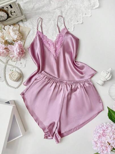 SilkySpell 2 sztuki damskie seksowne głębokie V Camisole Top i szorty, elegancki satynowy zestaw bielizny nocnej, wszystkie pory roku