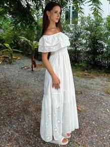 DAZY Women Open Shoulder Ruffle Hem Dress Vacation Maxi Dress - White - View 2