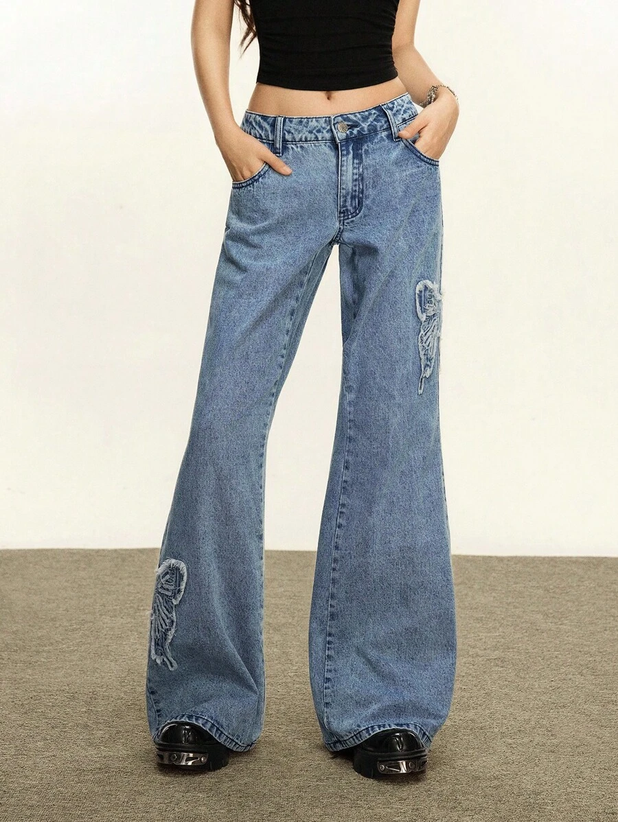 Rina Fox Låg midja, löst utsvängda stretchjeans för kvinnor - Ljustvätt - Visa 1