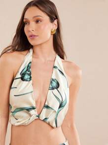 L'Amorae Top corto halter con cuello en V profundo, sin espalda y estampado floral para vacaciones de verano para mujer