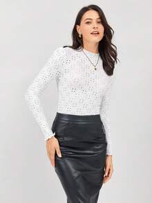 Miaspire 女式春夏修身立领短袖T恤，带孔眼刺绣荷叶边装饰，纹理透明面料 - 白色 - 查看 3