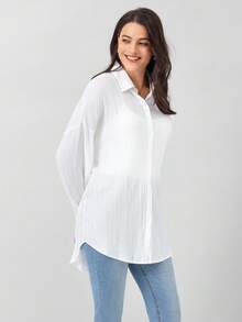 Miaspire 白色女式衬衫落肩纽扣沙滩衬衫 - 白色 - 查看 4