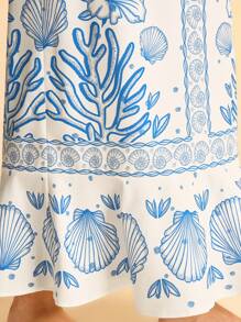 CAJUNI 女式波西米亚风蓝白热带海洋贝壳印花露背短款上衣和长裙休闲度假海滩 2 件套 - 藍白色 - 查看 7