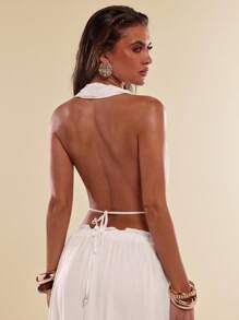 SHEIN BAE 夏季女士休闲度假白色缩水荷叶边下摆系带露背优雅上衣，外出上衣，白色上衣，度假，波西米亚风 - 白色 - 查看 2