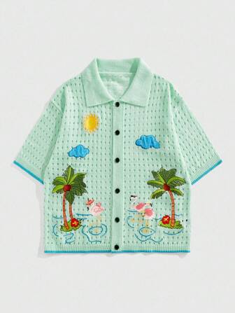 Street Life Men's Summer Vacation Beach Coconut Tree Embroidered Hollow Out Knit Sweater