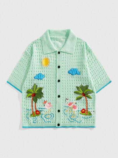 Street Life Men's Summer Vacation Beach Coconut Tree Embroidered Hollow Out Knit Sweater