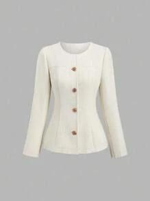 Sweetra 春秋新款女士高端圆领收腰金属扣通勤修身夹克秋冬女装 - 杏色 - 查看 1