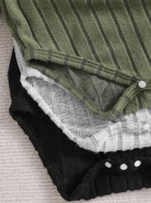 SHEIN Playful Pals 3 件套男婴高领罗纹保暖连体衣套装，颜色：棕色，适合秋冬季，脚部采用按扣设计 - 彩色 - 查看 6