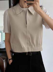 DAZY Women's Casual Plain Collared Sleeveless Zip-Up Top - Beige - View 7
