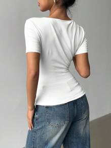 Siren Gaze 女士休闲优雅不对称领口褶饰修身短袖 T 恤，蓝色花卉图案，适合夏季