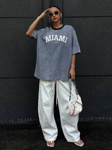 Livesso 女式夏季圆领短袖刺绣字母牛仔上衣 - 藍色 - 查看 3