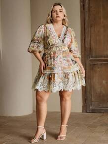 Anewsta 大码女式优雅 V 领灯笼袖拼布花卉印花腰带 A 字连衣裙，适合度假、春夏季节、毕业典礼 - 黃色 - 查看 7