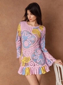 SHEIN Unity Robe mini élégante, sexy et romantique avec manches évasées en dentelle crochetée, empiècement ajouré et ourlet bicolore. Robe de fée - Multicolore - Voir 7