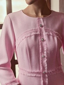 ZEYLAH Women's Fashion Pink Round Neck 3/4 Sleeve Fringe Button Design Elegant Dress - Pink - View 2