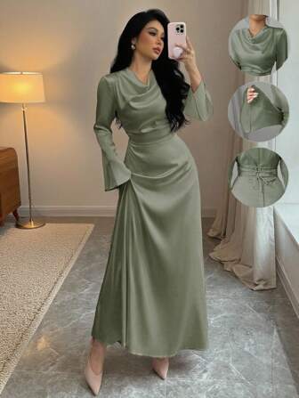 Rafferiza 优雅修身低胸长袖抽绳腰部 A 字亮面缎面长裙，女式，秋冬，浅粉色