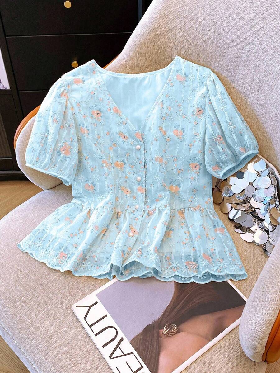 Franclia 法式浪漫刺绣V领短袖女衬衫 - 藍色 - 查看 1