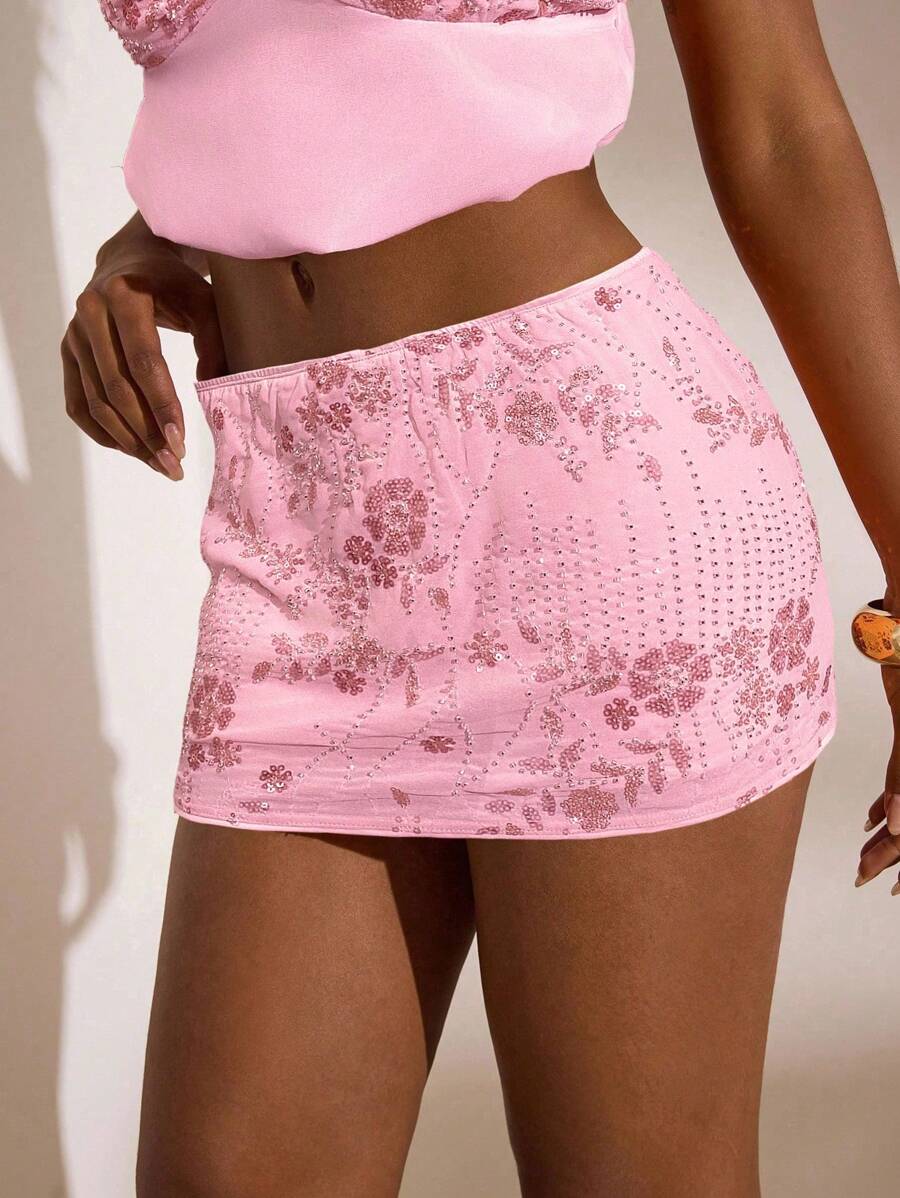 Opulessa 花卉闪光时尚低腰女式半身裙 - 粉色 - 查看 1