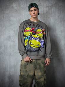 TEENAGE MUTANT NINJA TURTLES | SHEIN 男式卡通乌龟图案圆领长袖套头衫 - 灰色 - 查看 1