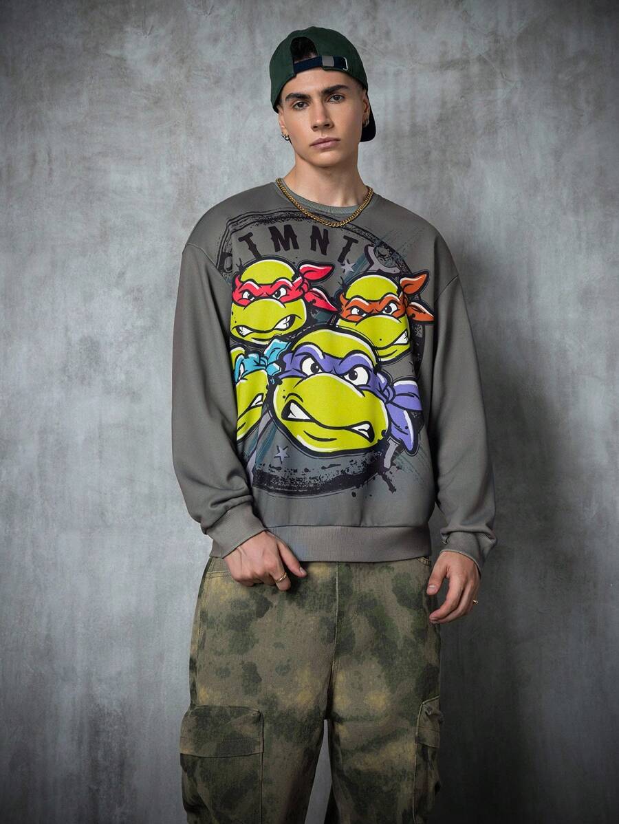 TEENAGE MUTANT NINJA TURTLES | SHEIN 男式卡通乌龟图案圆领长袖套头衫 - 灰色 - 查看 1