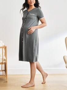 Maternity Contrast Binding Button Front Nightdress For Mother - Grey - View 4