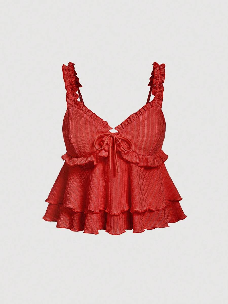 SHEIN MOD Top sin mangas con volantes de estilo romántico y campestre, adecuado para vacaciones, picnics, citas, estilo bohemio - Rojo - Ver 1