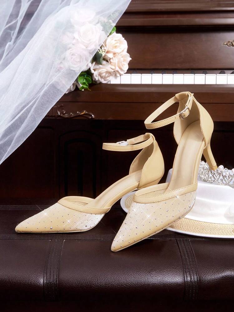 CUCCOO HITCHD Women's Pointy Toe Low Heel White Pearl Sequin Hollow Ankle Strap High Heel Pumps