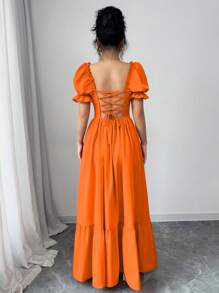 Rafferiza 女式方领泡泡袖前系带露背束腰连衣裙 - 橘色 - 查看 3