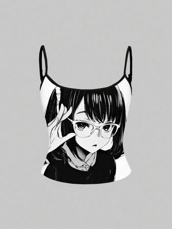 Camiseta sin mangas con estampado de chica escolar kawaii de dibujos animados, color blanco, perfecta para fans de anime/manga