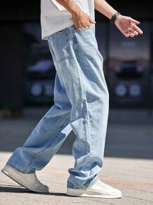 Manfinity Homme Plus Size Men's Water Washed Denim Jeans With Slanted Pockets Long Skater Jean Cargo Plain Light Blue Going Out Street Wear