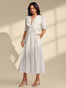 Almamuse Vestido blanco boho elegante de mujer con escote en V profundo, mangas de farol con volantes y ruches en el bajo - Blanco - Ver 5