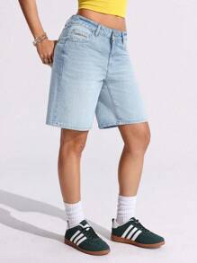 SHEIN ICON 女士纯色口袋设计休闲夏季牛仔短裤 - 淺色水洗藍 - 查看 3