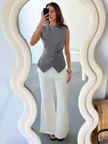 Aloruh Women's Old Money Style Elegant Commuter Slim Fit Criss-Cross Waist Solid Gray Blouse,Women Work/Office Business Casual Woman,Office,Work Women,Back To School Teacher - Light Grey - View 8