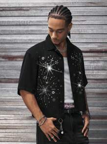 AXEPEAK Men's Fashion Street-Style Rhinestone Button Front Short Sleeve Denim Shirt, Summer - Black - View 4