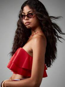 AiiRZ Strapless Ruffle Crop Top Summer Beach Party Festival Double Layer Ruffled Bandeau Cotton Poplin Casual Club Vacation Night Out - Red - View 1