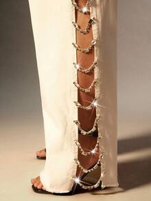 Denimoi Rhinestone Chain Split Sit Mid Rise Wide Leg Denim Jeans - White - View 3